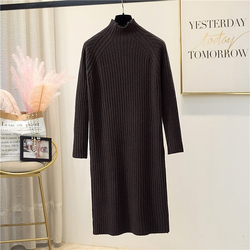 Korean Mock Neck Knitted Dress For Women Dark Brown