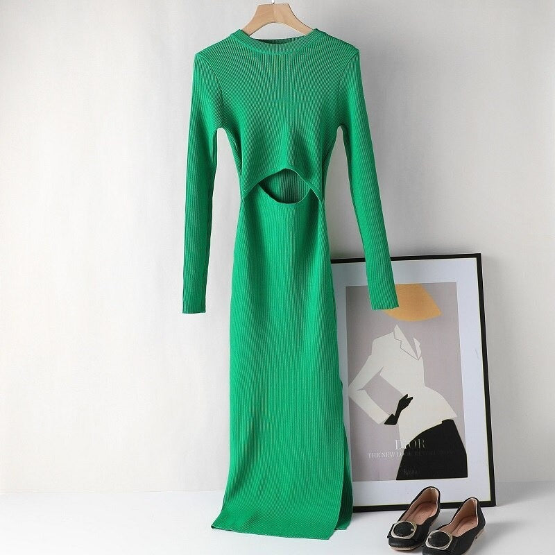 Elegant Hollow Out Knitted Dress For Women Green One Size