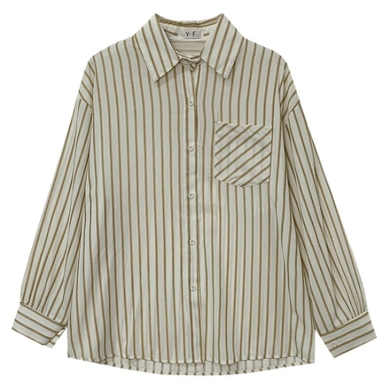 Korean Vertical Striped Long-Sleeved Shirt For Women