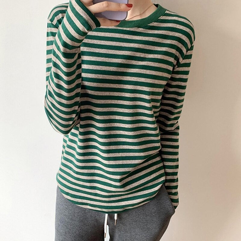 Casual Thick Stripes Knitted Cotton T-Shirts For Women