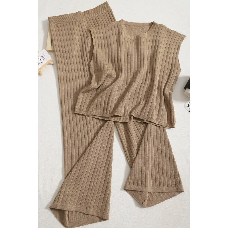 Casual Solid Color Sleeveless Vest And High Waist Leg Pants Set Khaki One Size