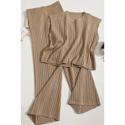 Casual Solid Color Sleeveless Vest And High Waist Leg Pants Set Khaki One Size