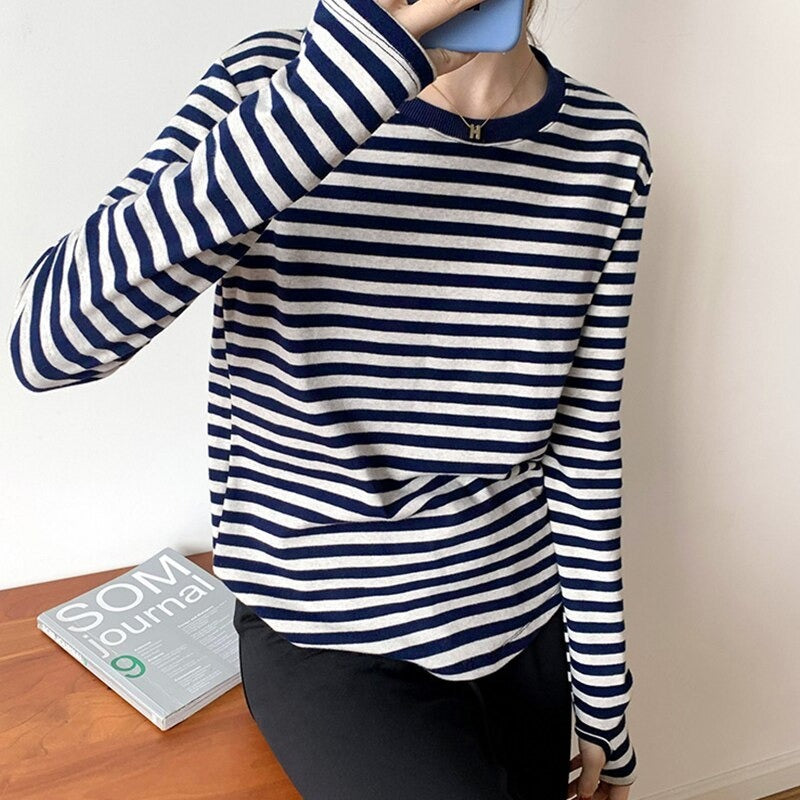 Casual Thick Stripes Knitted Cotton T-Shirts For Women