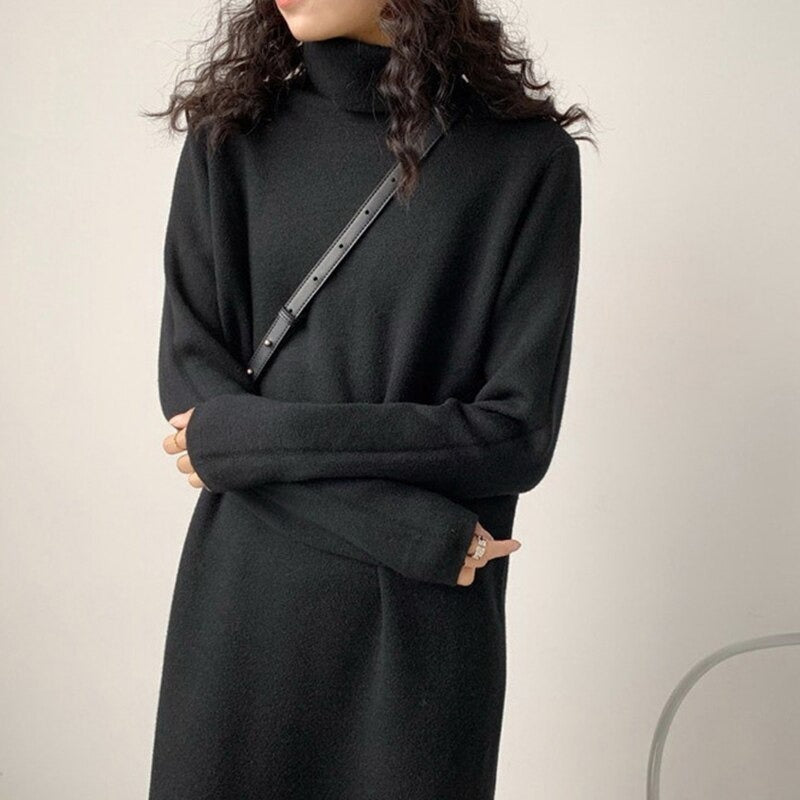 Simple Loose Lazy Turtleneck Sweater Dress