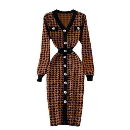 Elegant Plaid Houndstooth Knitted Dress For Women