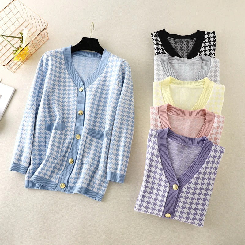 Elegant Houndstooth Knit Oversized Cardigan For Women