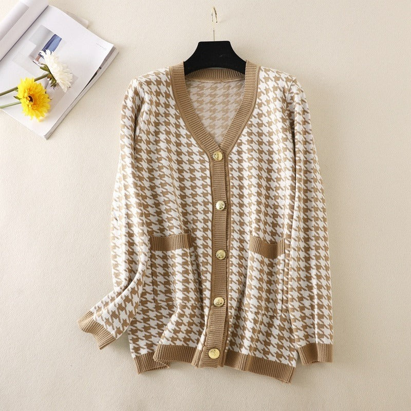 Elegant Houndstooth Knit Oversized Cardigan For Women Khaki One Size