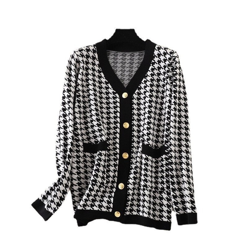 Elegant Houndstooth Knit Oversized Cardigan For Women