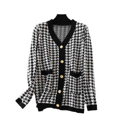 Elegant Houndstooth Knit Oversized Cardigan For Women