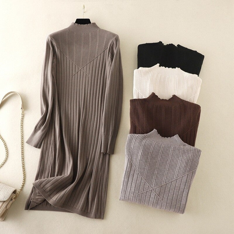 A-Line Mock Neck Knitted Sweater Dress