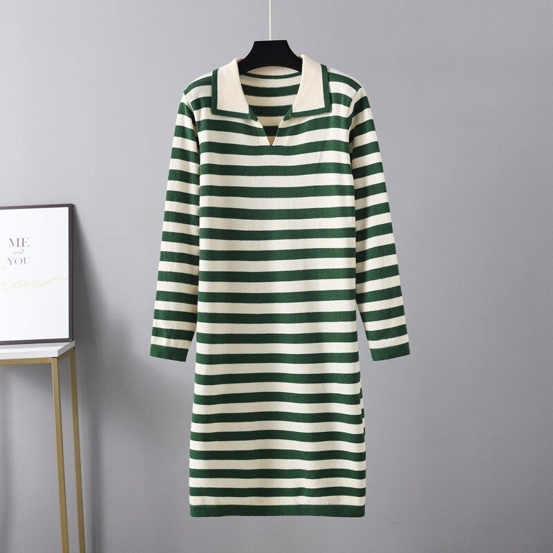 Women's V-Neck Loose Striped Knitted Sweater Dress One Size Green