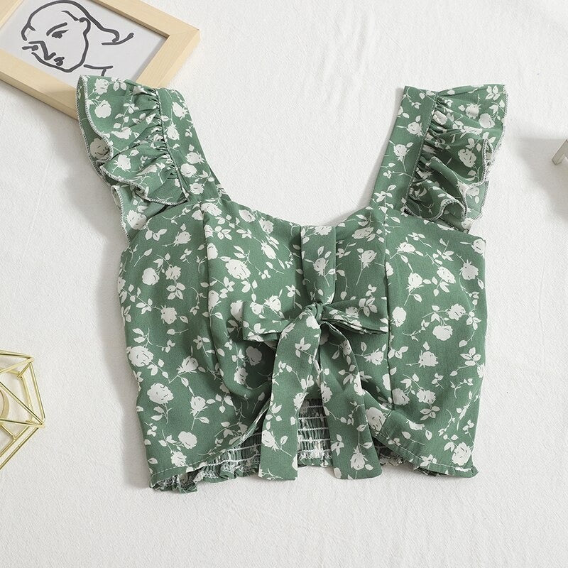 Bow Tie Lace-up Floral Print Camisole Tops For Women Green Print One Size