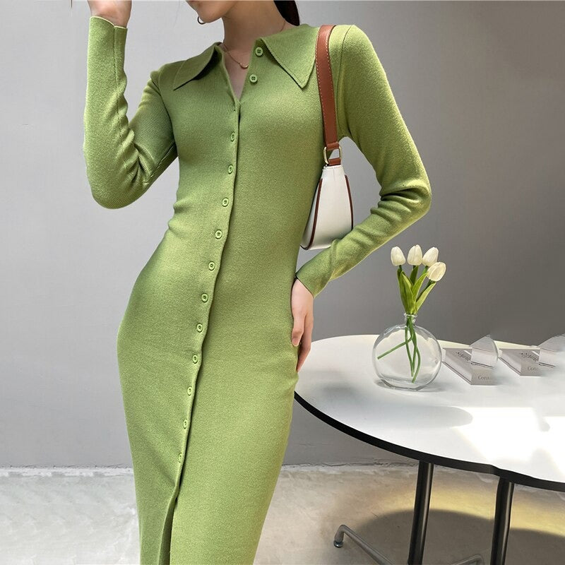 Button Down A-Line Retro Knitted Sweater Dress Green