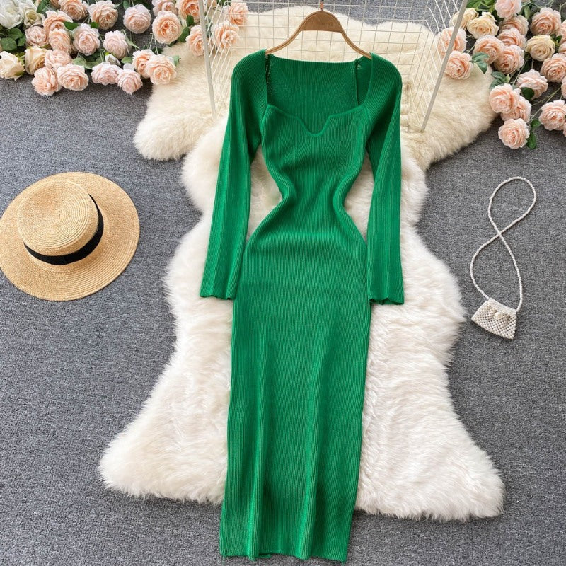 Elegant Low Neck Long Sleeve Dress For Women Green One Size