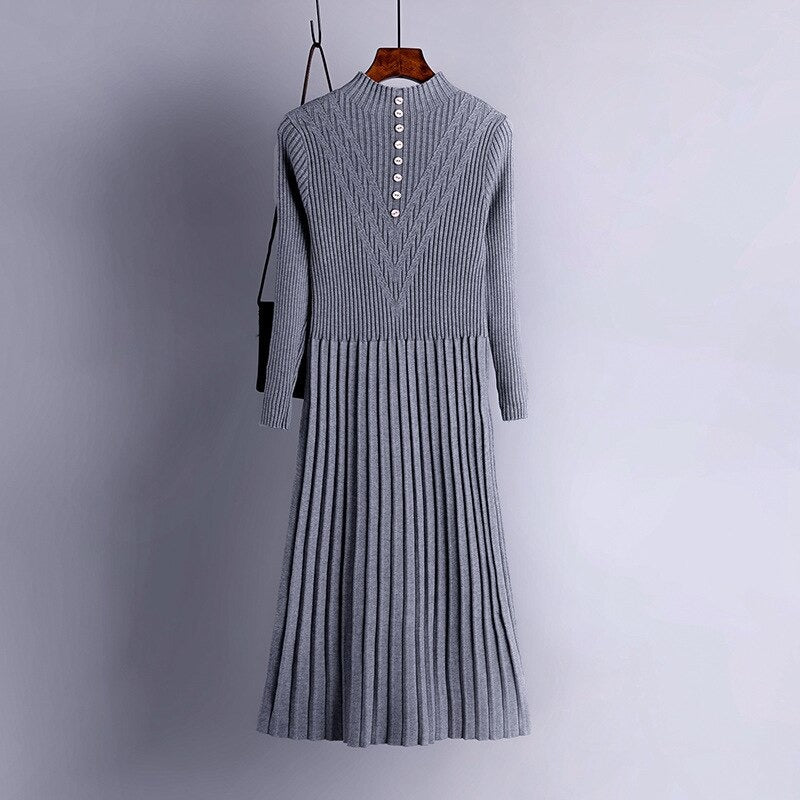 Thickened Straight Woolen Long Knitted Sweater Dress One Size Gray