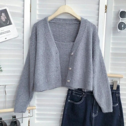 Long-Sleeved Knitted Cardigan With One-Piece Gray One Size