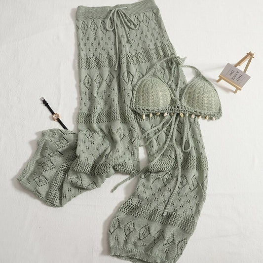 Crocheted Knitted Camisole And Pants For Women Green One Size