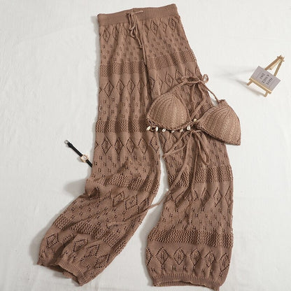 Crocheted Knitted Camisole And Pants For Women Brown One Size