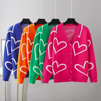 Heart Pattern Knit Oversized Drop Shoulder Cardigan