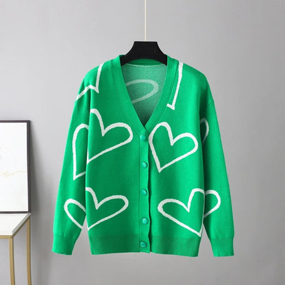 Heart Pattern Knit Oversized Drop Shoulder Cardigan Green One Size