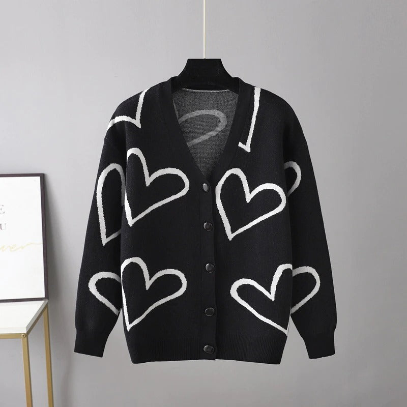 Heart Pattern Knit Oversized Drop Shoulder Cardigan Black One Size