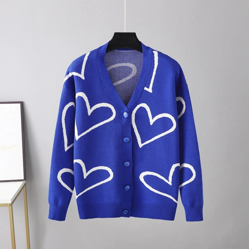 Heart Pattern Knit Oversized Drop Shoulder Cardigan Blue One Size