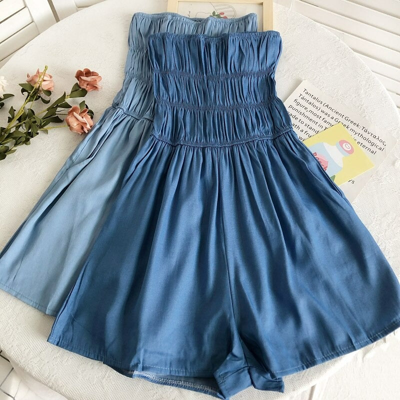 Women's Blue Strapless Short Romper Suit