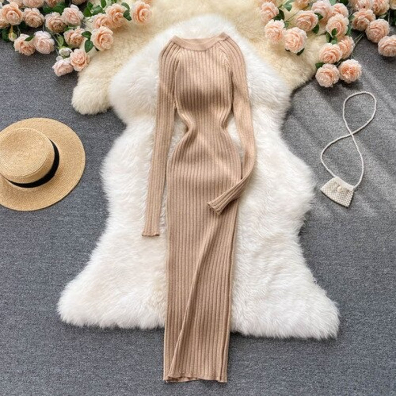 O-Neck Elastic Warm Knitted Sweater Dress One Size Beige