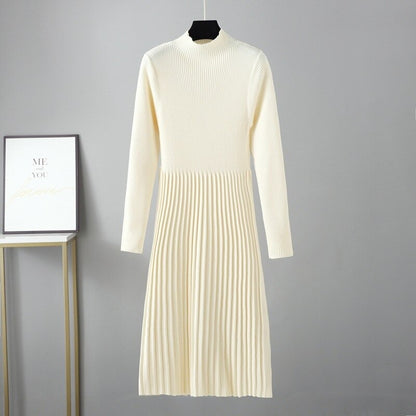 Half-Turtleneck Knitted Ribbed Warm Sweater Dress One Size Off-White