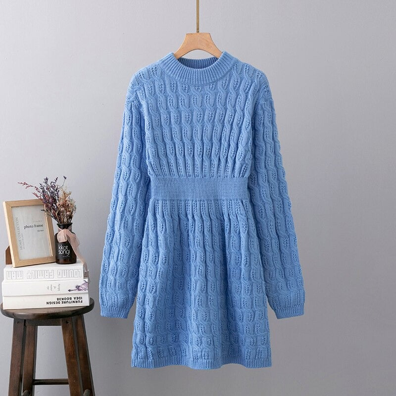 Casual Twisted Knitted Long Sleeved Sweater Mini Dress