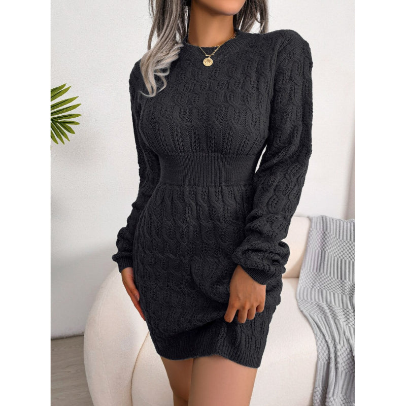 Casual Twisted Knitted Long Sleeved Sweater Mini Dress Black