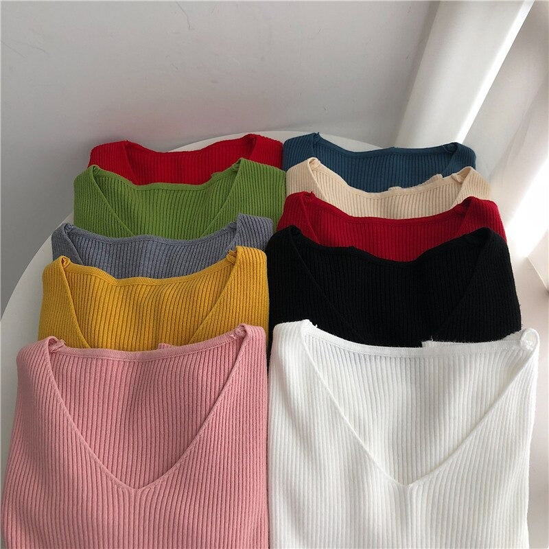 V-Neck Knitted Long Sleeves Skinny Pullovers For Women