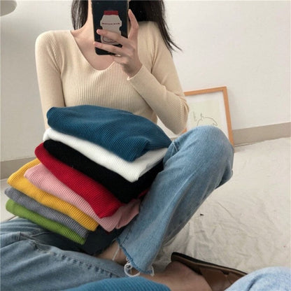 V-Neck Knitted Long Sleeves Skinny Pullovers For Women