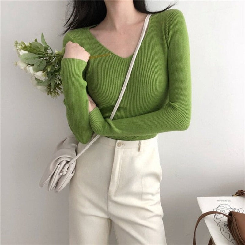 V-Neck Knitted Long Sleeves Skinny Pullovers For Women Green