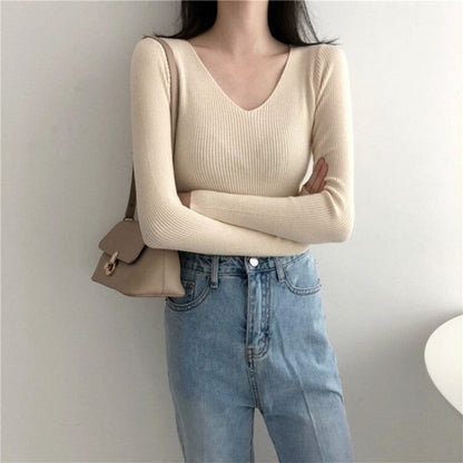 V-Neck Knitted Long Sleeves Skinny Pullovers For Women Off-White