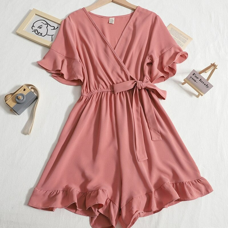 Women's Solid Color Short Playsuit for Summer Pink One Size