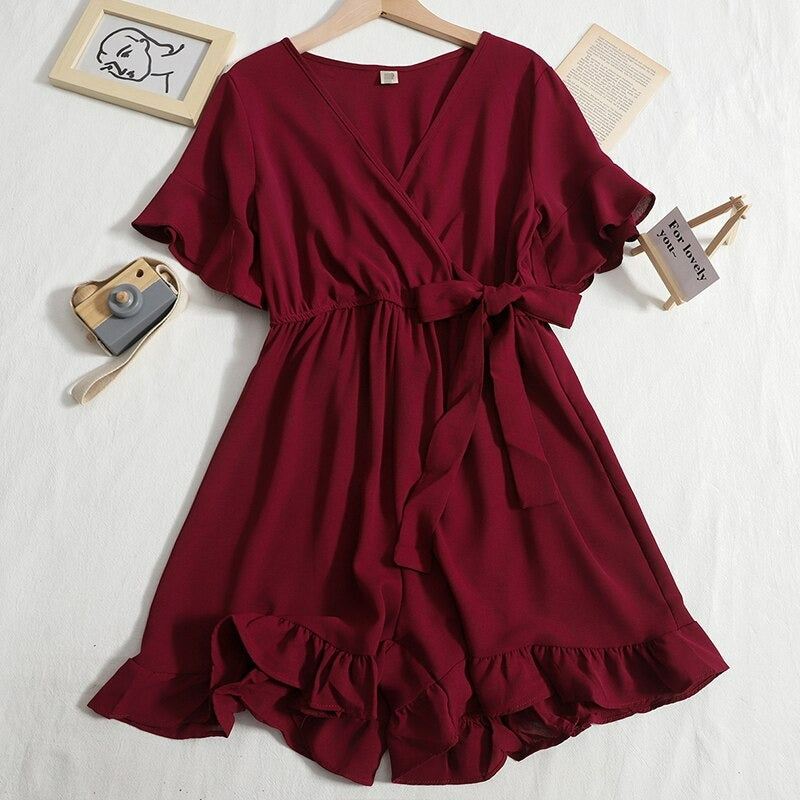 Women's Solid Color Short Playsuit for Summer Red One Size