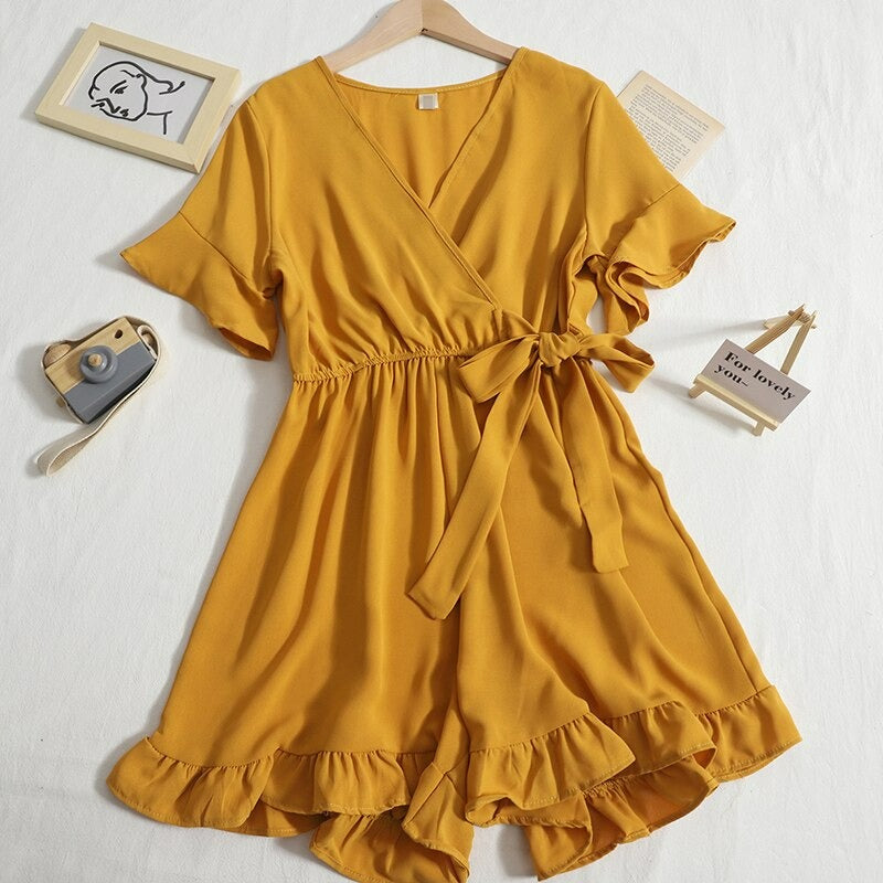 Women's Solid Color Short Playsuit for Summer Yellow One Size