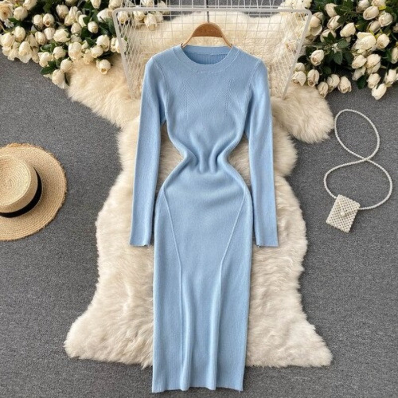 Elegant O Neck Tight Stretch Knit Dress For Women Light Blue One Size