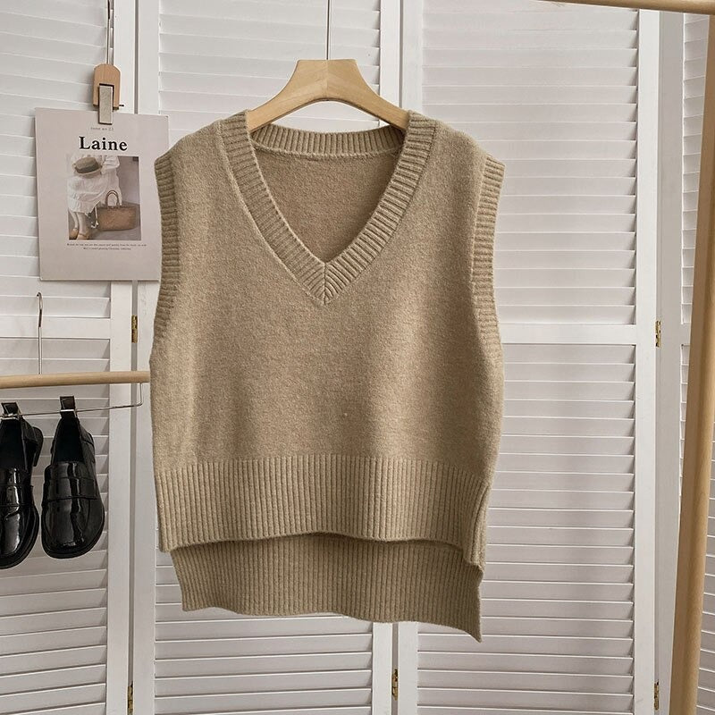 Loose Knitted V-Neck Sweater Vest For Women Khaki One Size