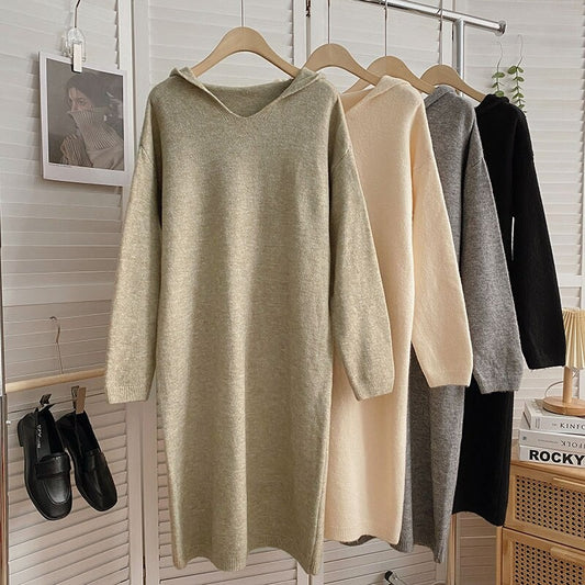 Warm Soft Hooded Long-Sleeve Knitted Sweater Dress For Women