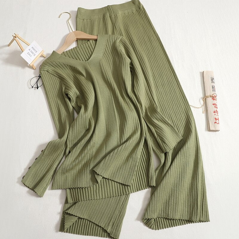 Solid V-Neck Slit And Wide Leg Pant Set Green One Size