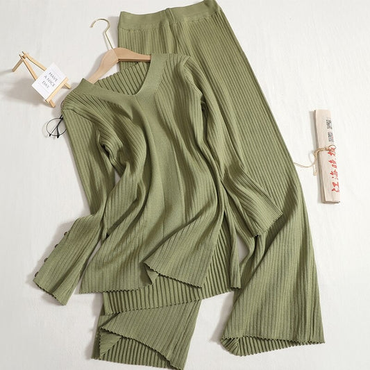 Solid V-Neck Slit And Wide Leg Pant Set Green One Size