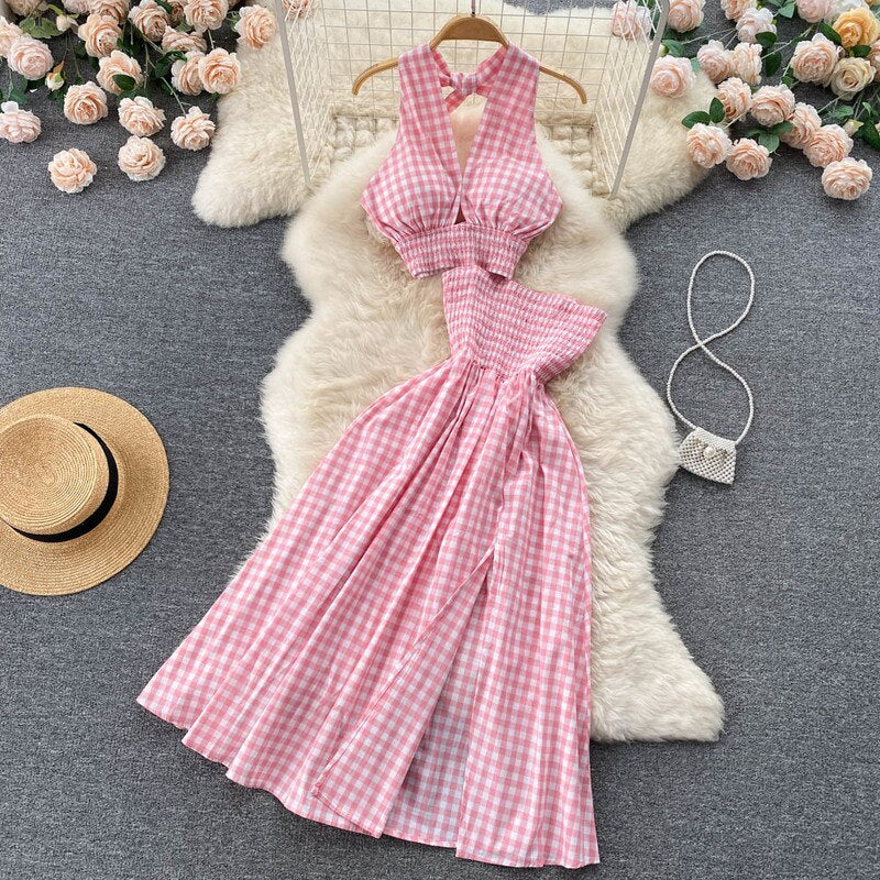 Women Halter Neck Plaid Design Skirt Set Pink One Size