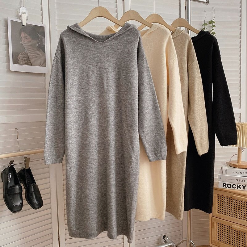 Warm Soft Hooded Long-Sleeve Knitted Sweater Dress For Women