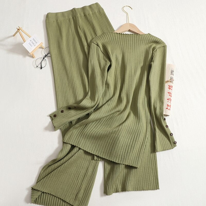 Solid V-Neck Slit And Wide Leg Pant Set