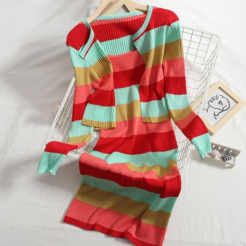 Striped Knitted Two-Piece Sets For Women Red One Size