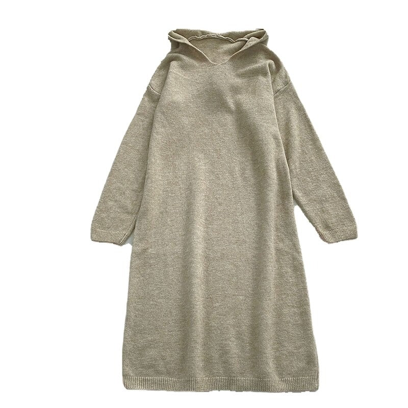 Warm Soft Hooded Long-Sleeve Knitted Sweater Dress For Women