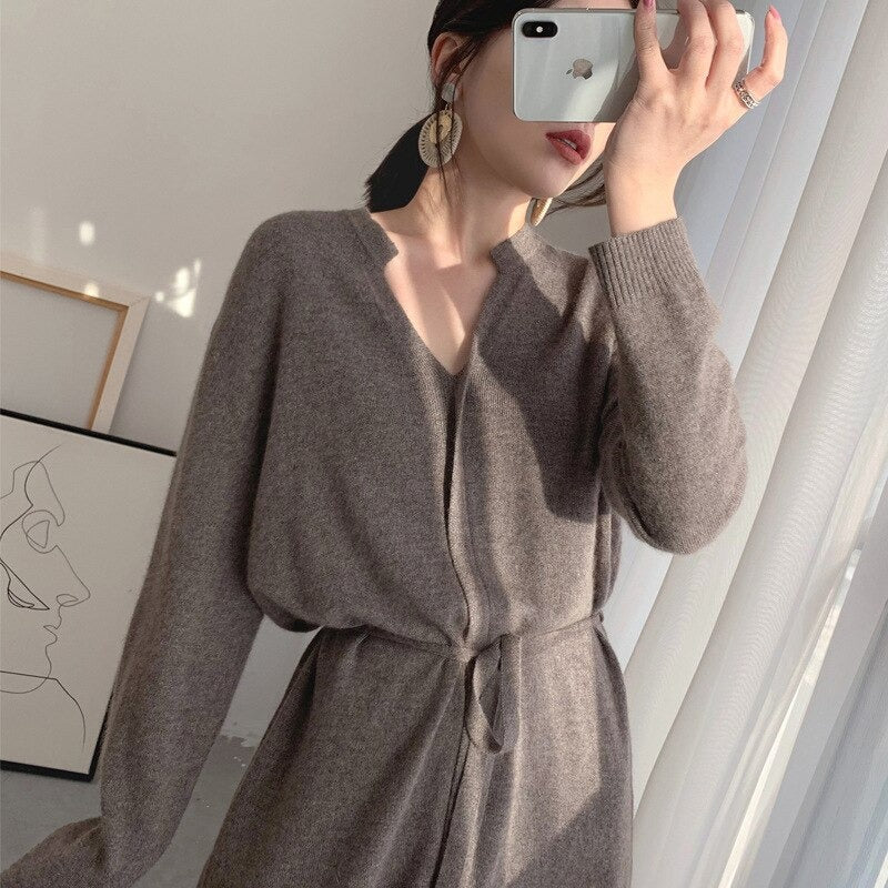 Women's Mid-Length Drawstring Straight Sweater Dress