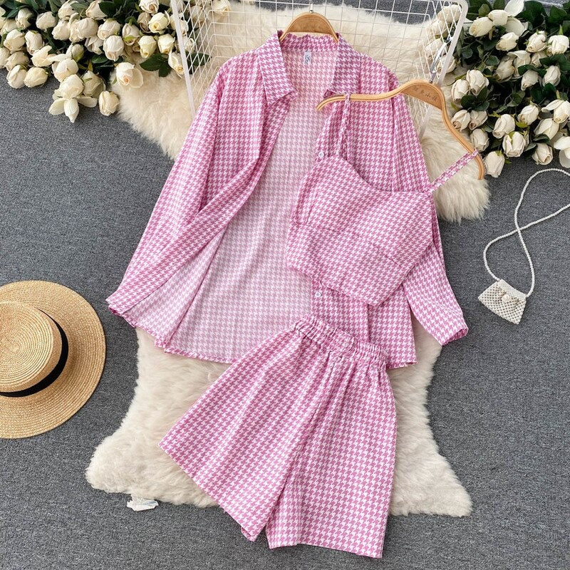 Three Pieces Shirt With Suspender Top And Short For Women Pink One Size